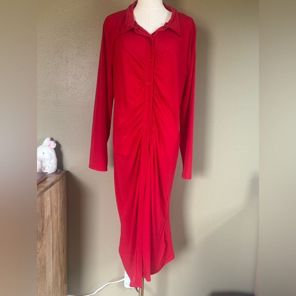Love Red Long Sleeve Ruched Front Women's Dress Midi 3X